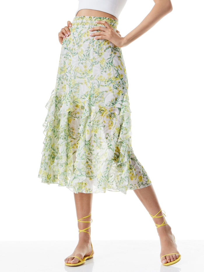 JOCELYN RUFFLE GODET MIDI SKIRT - SUN DITSY OFF WHITE