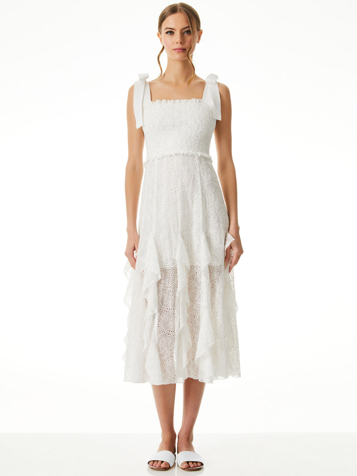 JOCELYN SMOCKED MIDI DRESS - OFF WHITE