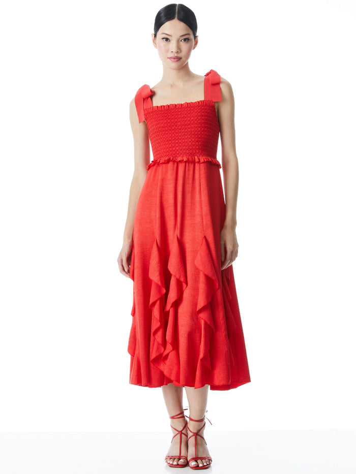 JOCELYN TIE SHOULDER MIDI DRESS  - BRIGHT POPPY
