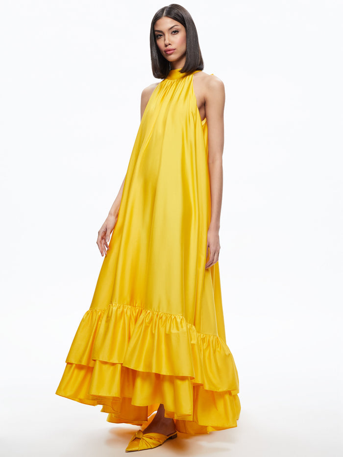 JOVIE HALTER NECK RUFFLE MAXI DRESS - GOLDEN ROD