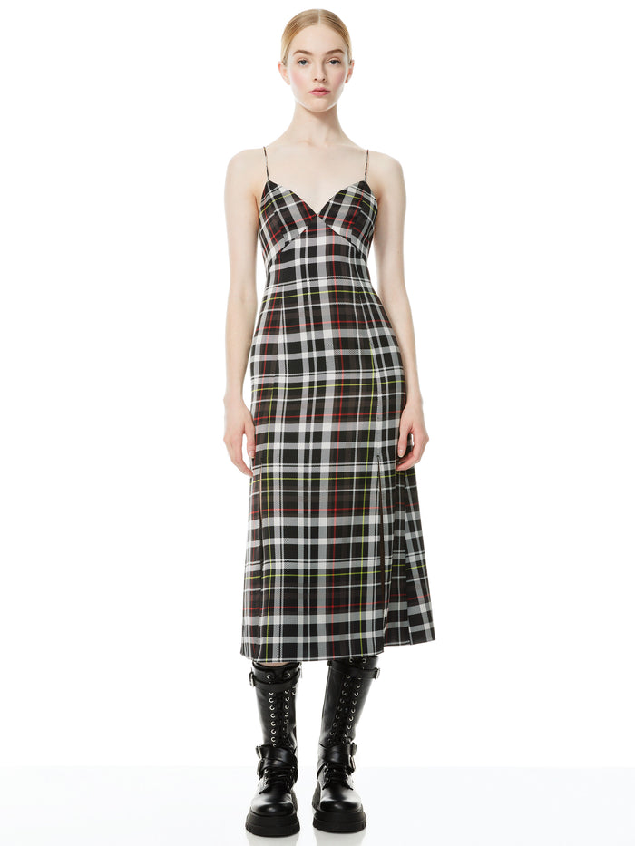 JULIETTA PLAID MIDI SLIP DRESS - FREEDOM PLAID BLACK/CHARCOAL