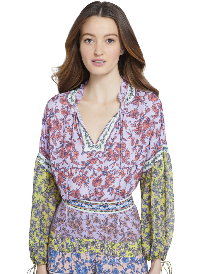 JULIUS BLOUSON SLEEVE TOP - DITSY BORDER LAVENDER MULTI