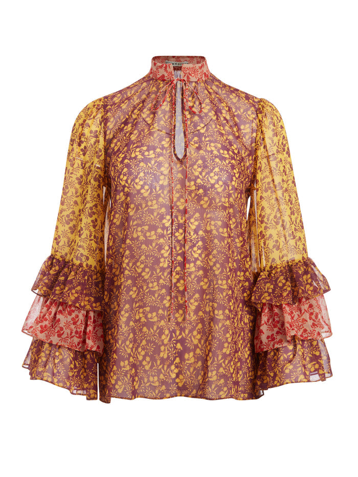 JUSTICE TIERED RUFFLE SLEEVE BLOUSE - ROME FLORAL - BOYSENBERRY/COMO