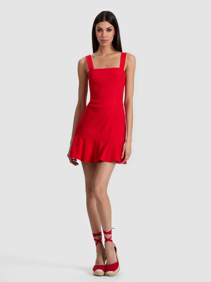 KAIDRA LINEN MINI DRESS - BRIGHT RUBY