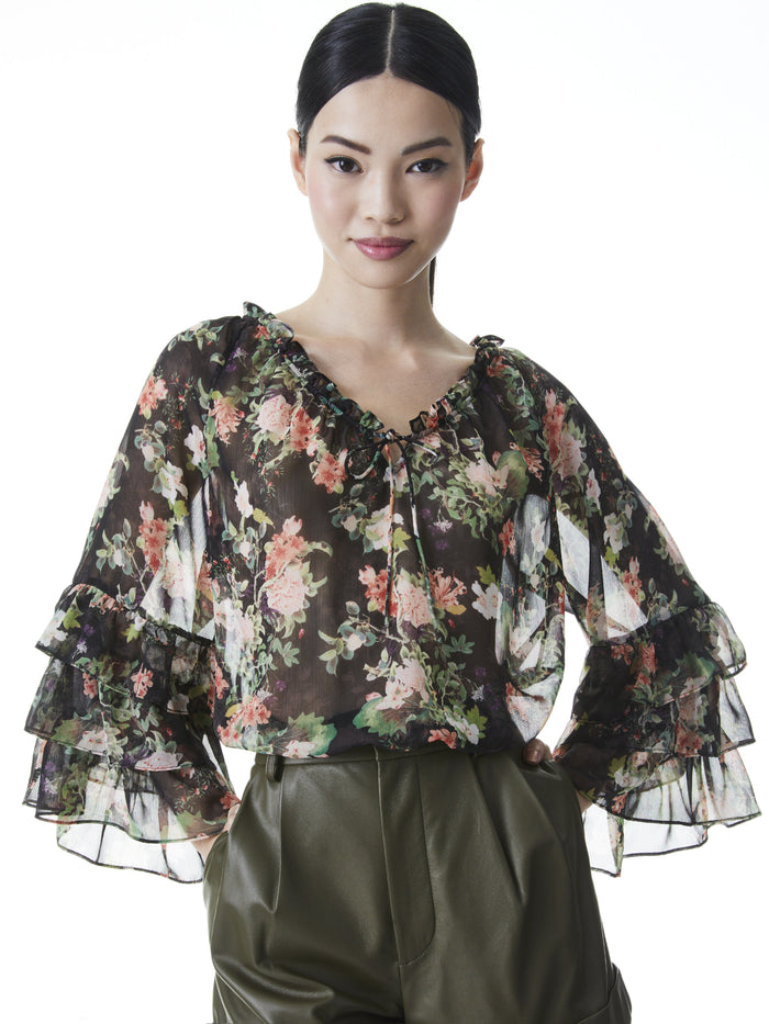 KALLIE RUFFLE SLEEVE BLOUSE - ROMANCE BLACK