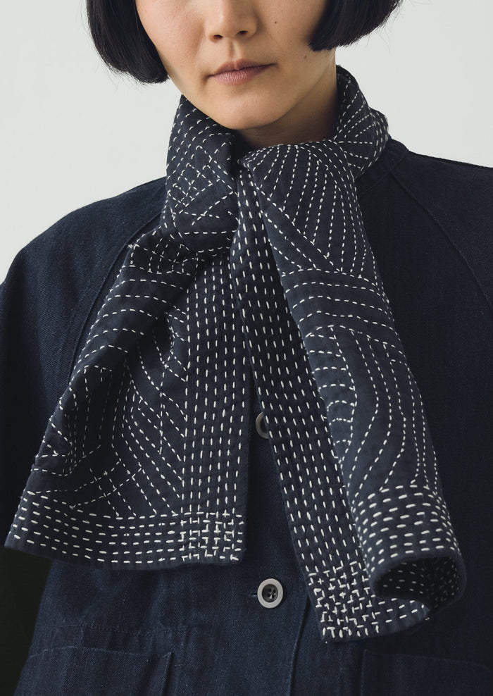 Kantha Embroidered Cotton Scarf | Midnight/Ecru