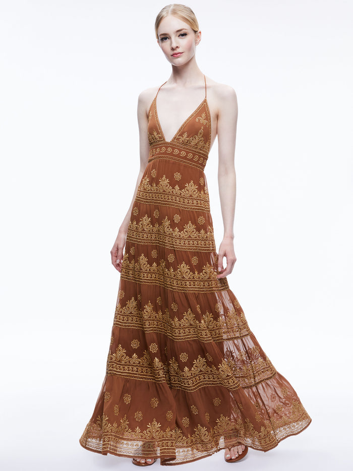 KAROLINA EMBROIDERED HALTER NECK MAXI DRESS - CAMEL/GOLD