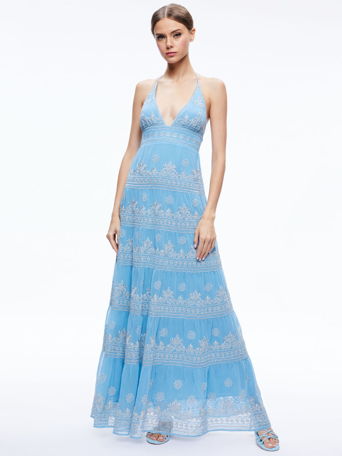 KAROLINA EMBROIDERED HALTER NECK MAXI DRESS - OXFORD BLUE/SILVER