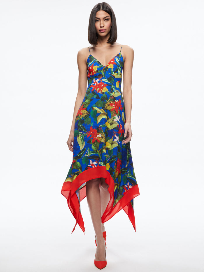 KAYSON V-NECK HANDKERCHIEF HEM DRESS - TROPICAL SUNRISE SAPPHIRE