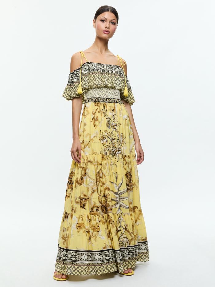 KIA OFF THE SHOULDER TIERED MAXI DRESS - LISBOA LEMON MERINGUE