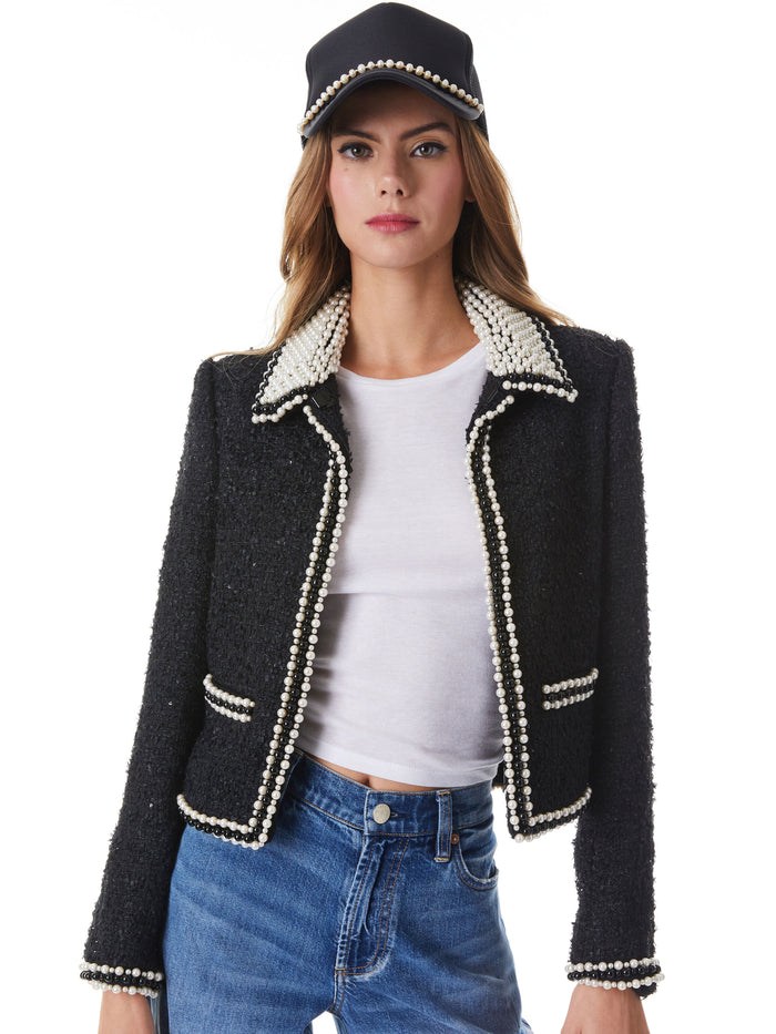KIDMAN PEARL EMBELLISHED COLLARED JACKET - BLACK