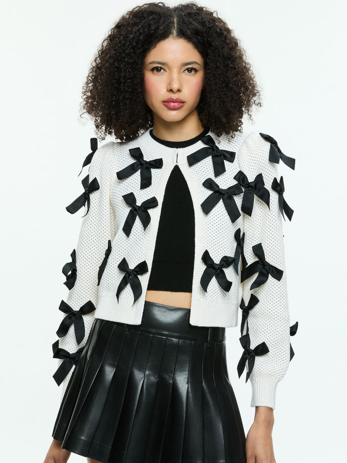 KITTY BOW CARDIGAN - SOFT WHITE/BLACK