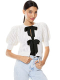 KITTY PUFF SLEEVE CARDIGAN - SOFT WHITE/BLACK