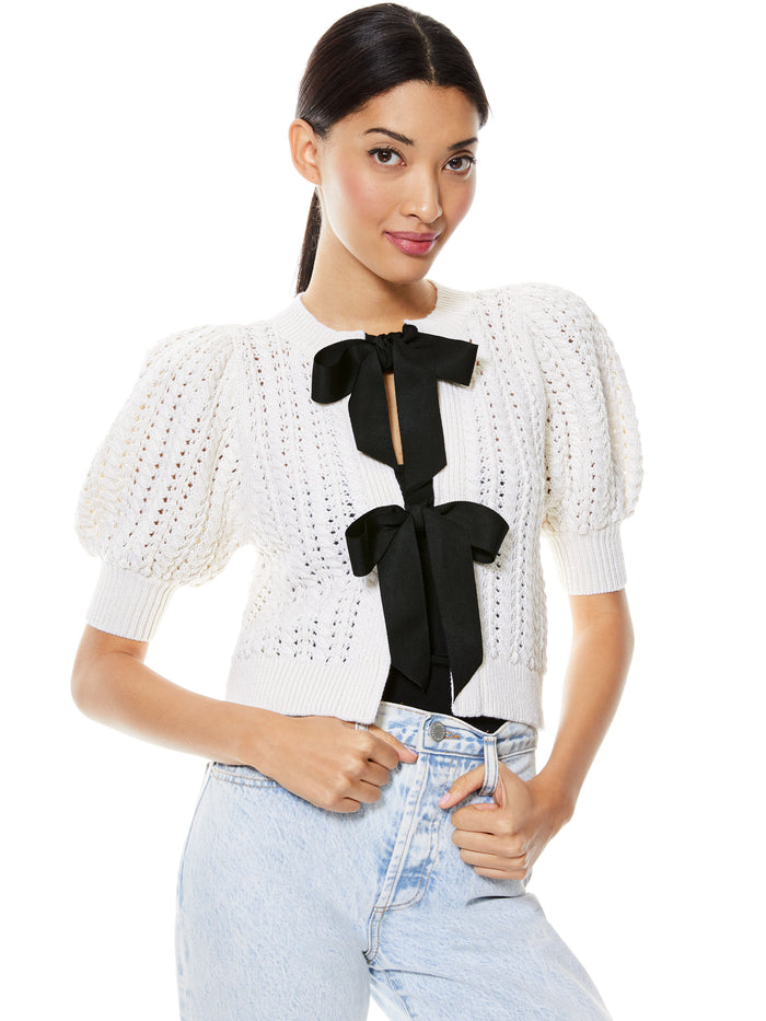KITTY PUFF SLEEVE CARDIGAN - SOFT WHITE/BLACK