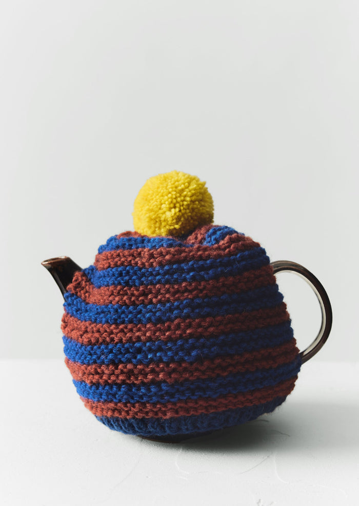 Knitted Stripe Wool Tea Cosy | Burnt Orange/Midnight