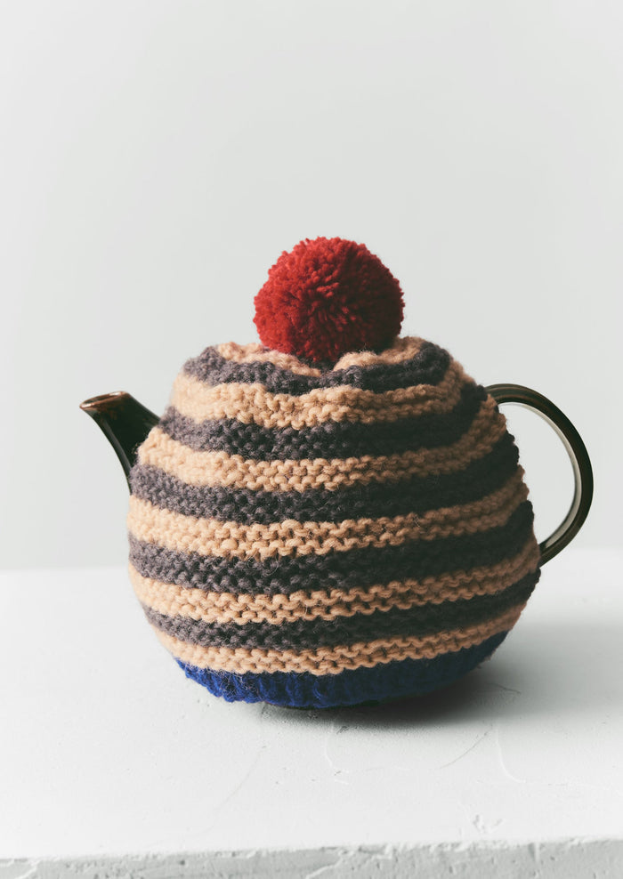 Knitted Stripe Wool Tea Cosy | Chalk/Slate