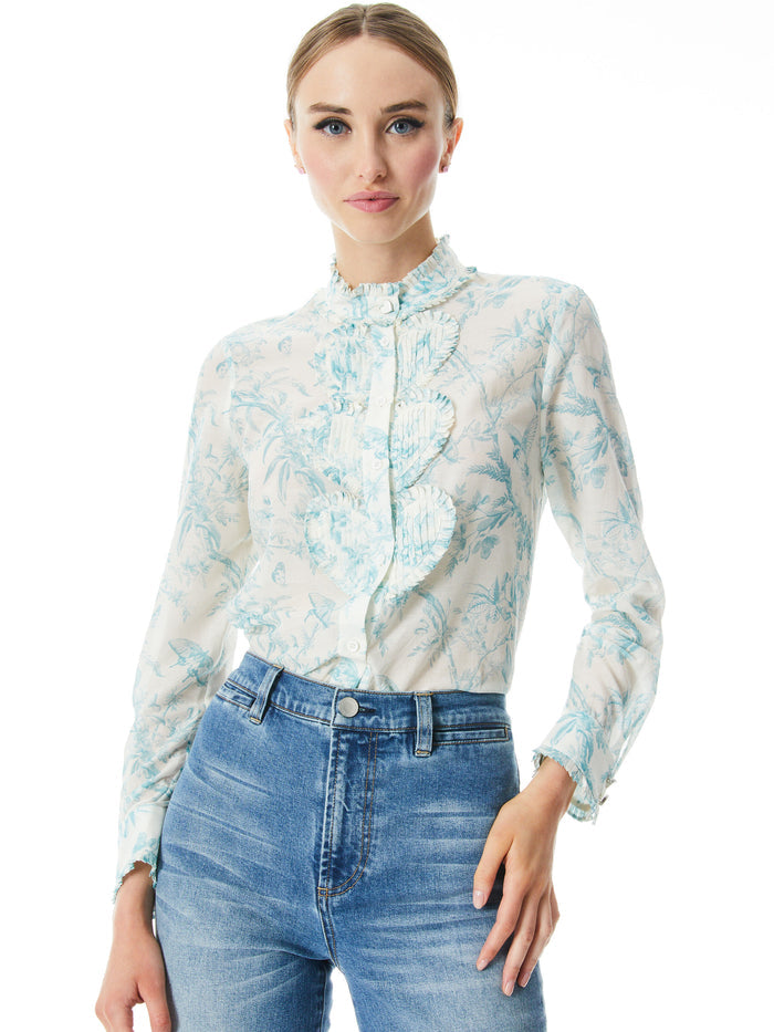 KURT RUFFLE PINTUCK BUTTON FRONT BLOUSE - ANTIQUE BUTTERFLY OFF WHITE