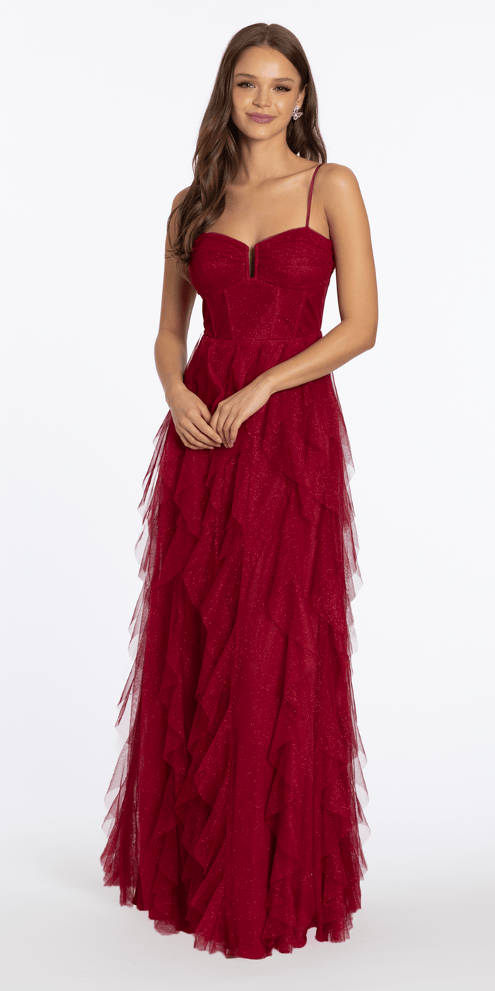 crimson/size/4/missy/Camille La Vie/Lace Up Back Glitter Mesh Corset A Line Dress with Tendrils /front