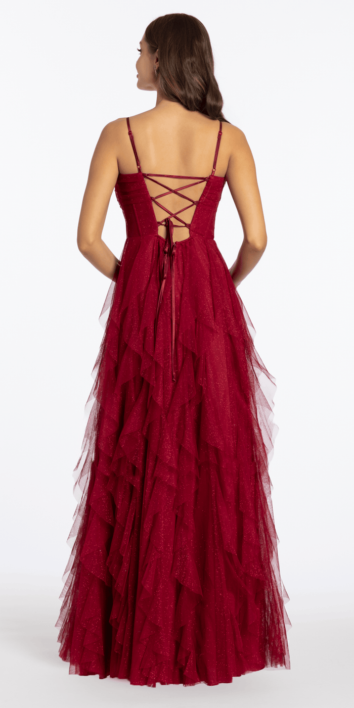 crimson/size/4/missy/Camille La Vie/Lace Up Back Glitter Mesh Corset A Line Dress with Tendrils /back