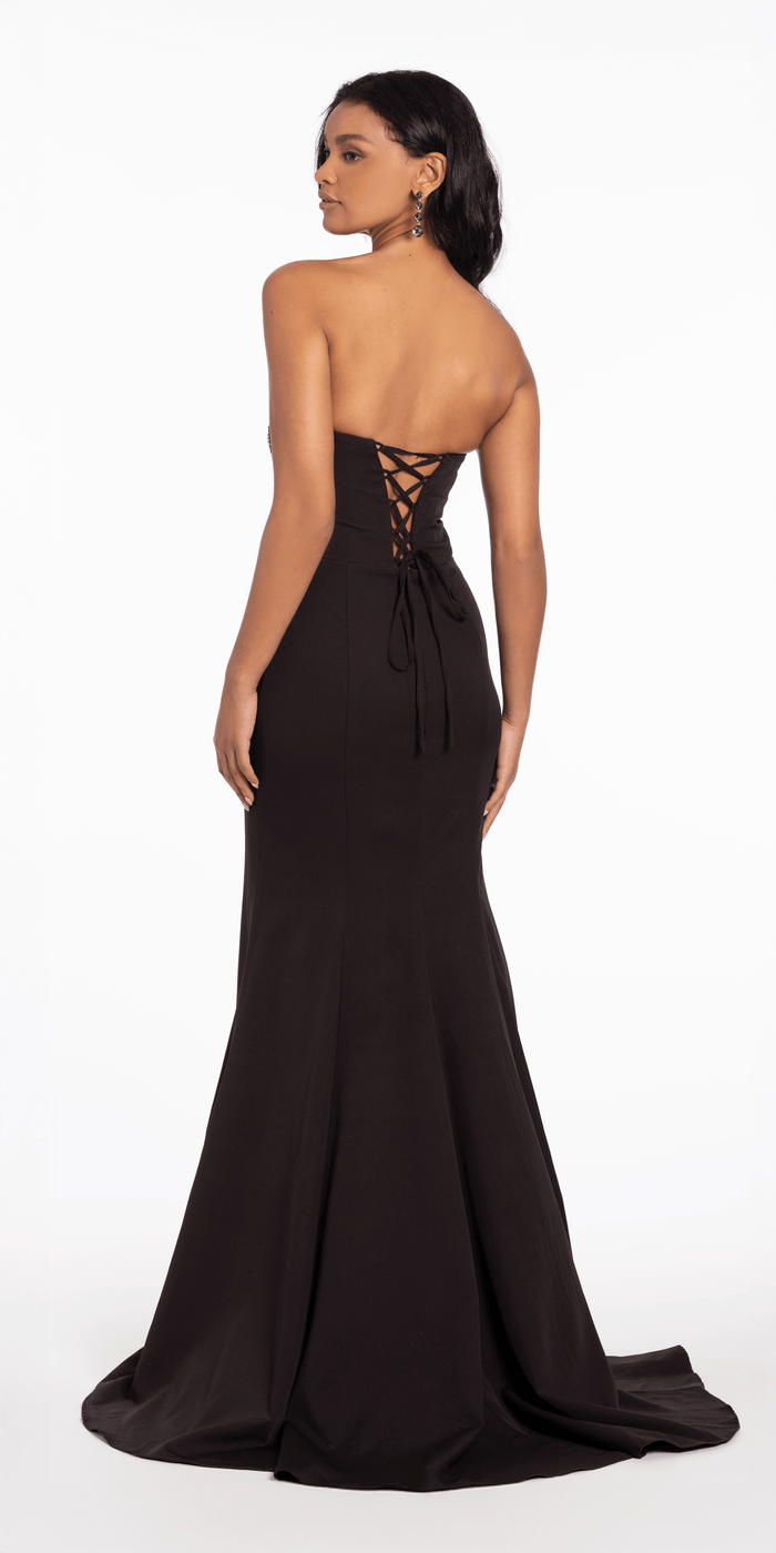 black/size/4/missy/Camille La Vie/Lace Up Back Strapless Scuba Trumpet Dress with Rhinestone Detail/back 1