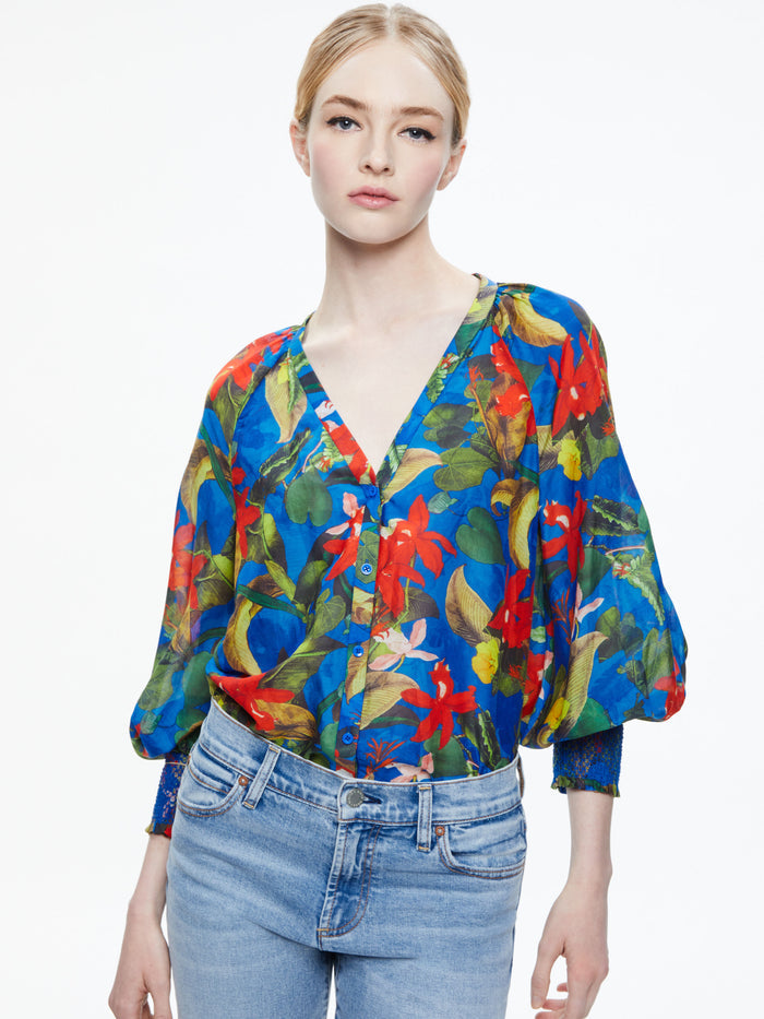 LANG BUTTON DOWN BLOUSE - TROPICAL SUNRISE SAPPHIRE