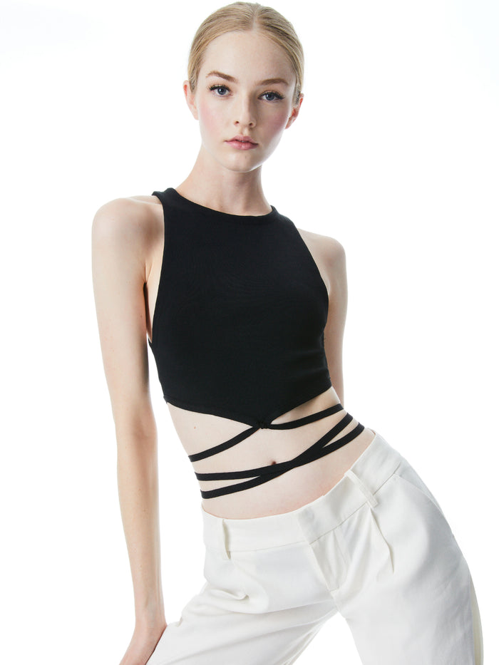 LATIA STRAPPY TIE WAIST KNIT TANK - BLACK