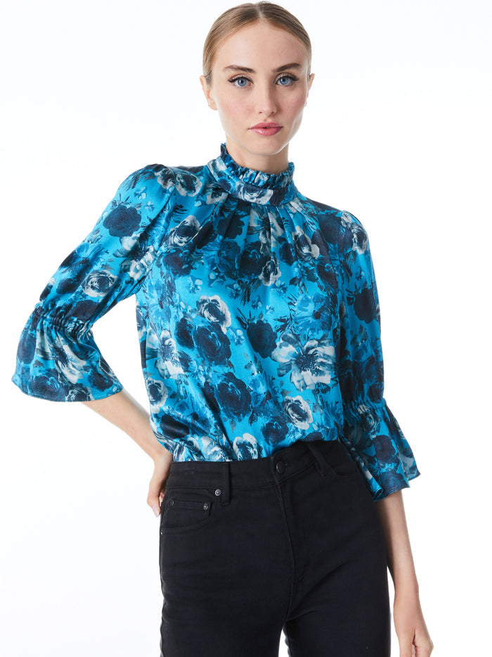LAUNA BLOUSON SLEEVE BLOUSE - OCEANSIDE FLORAL TURKISH BLUE