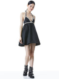 LAURENA EMBELLISHED TIE NECK MINI DRESS - BLACK