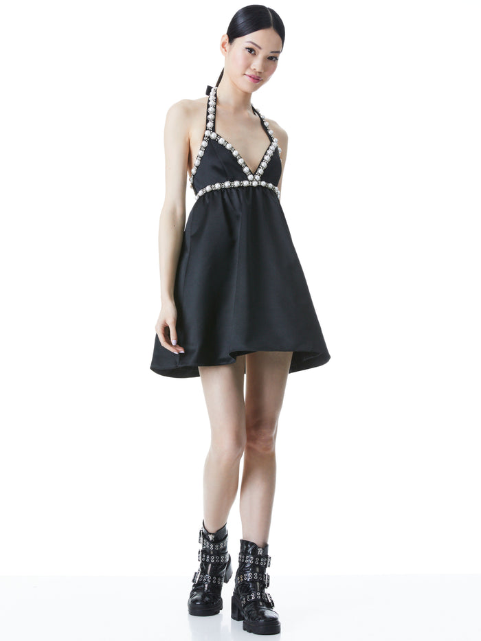 LAURENA EMBELLISHED TIE NECK MINI DRESS - BLACK