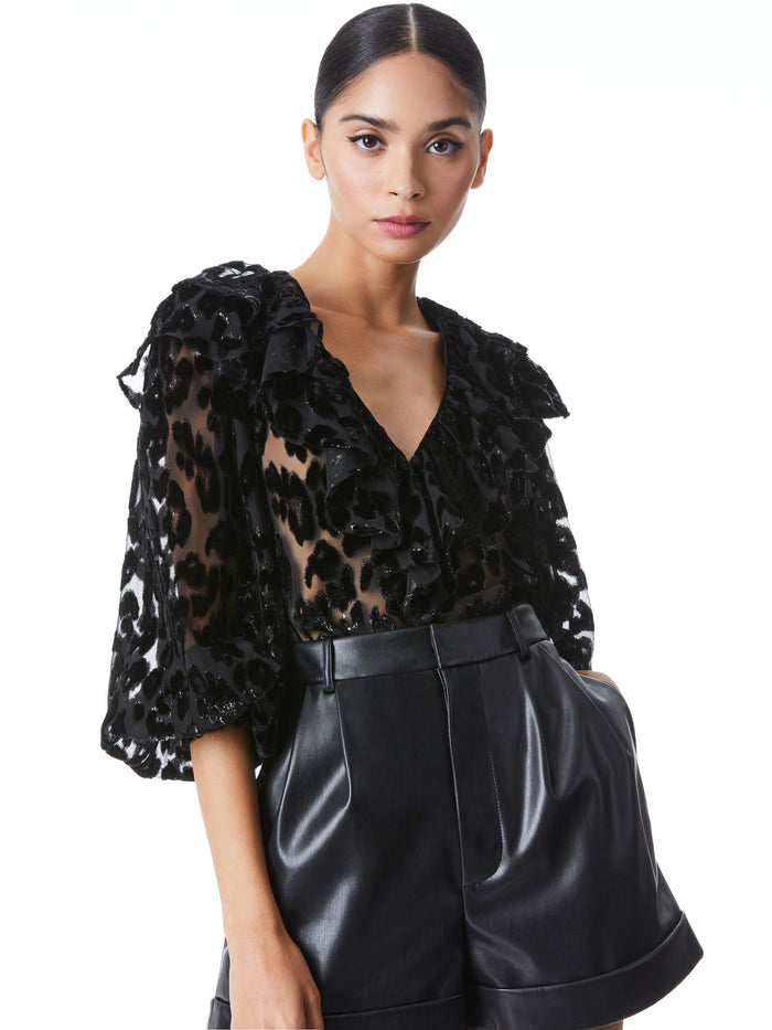 LAURETTE RUFFLE BUTTON FRONT BLOUSE - BLACK