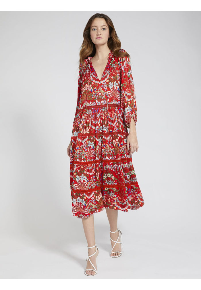 LAYLA FLORAL RUFFLE MIDI DRESS - WILDFLOWER BRIGHT POPPY