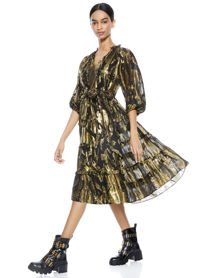 LAYLA METALLIC TIERED MIDI DRESS - BLACK/GOLD