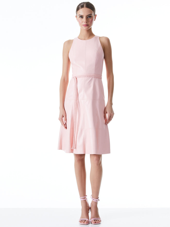 LEANDRA VEGAN LEATHER BELTED MIDI DRESS - ENGLISH ROSE
