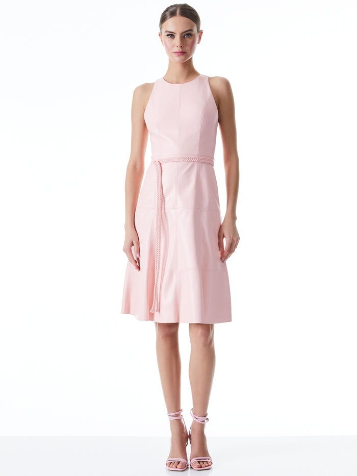 LEANDRA VEGAN LEATHER BELTED MIDI DRESS - ENGLISH ROSE