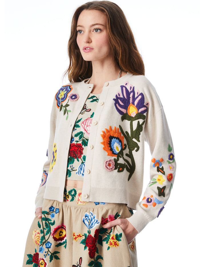 LELIA CREW NECK CARDIGAN - SAND/MULTI