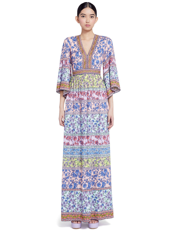 LENA EMBROIDERED KIMONO DRESS - DITSY BORDER MULTI