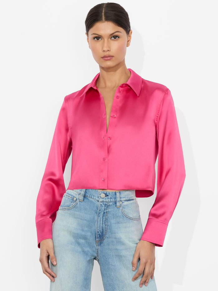 LEON CROPPED BUTTON DOWN - RASPBERRY