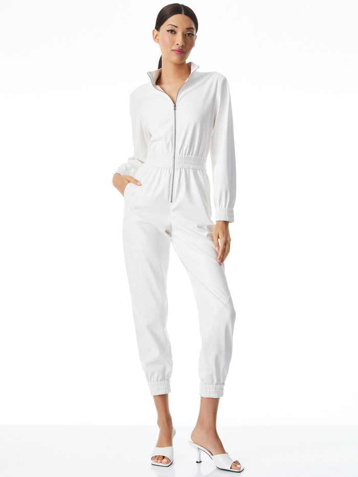 LEVI VEGAN LEATHER FRONT ZIP JUMPSUIT - OFF WHITE