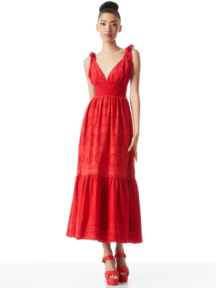 LEVINE SMOCKED WAIST EYELET MIDI DRESS - BRIGHT POPPY