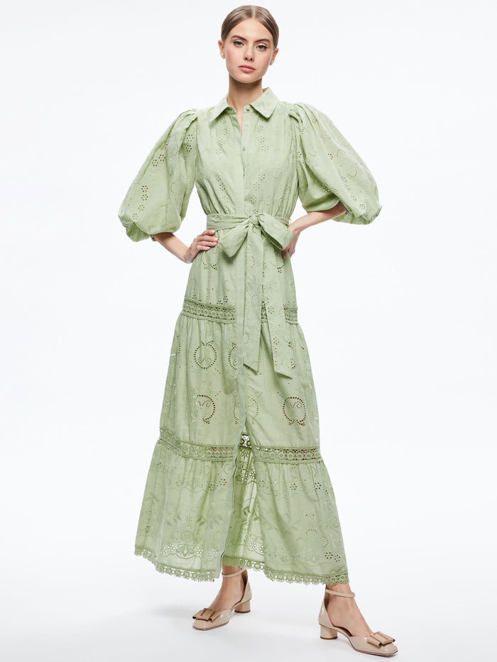 LILLY COLLARED EYELET MAXI DRESS - GREEN TEA