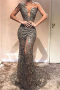 Long Mermaid One Shoulder Lace Prom Dress with Slit