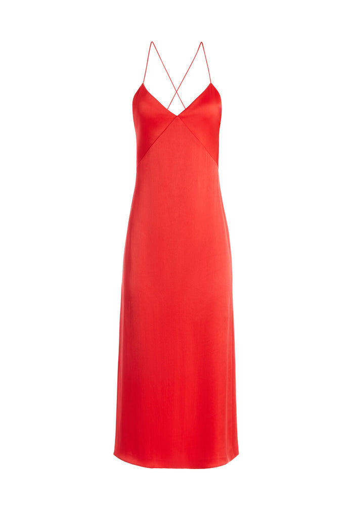 LORAINE SEAMED SLIP MIDI DRESS - BRIGHT POPPY