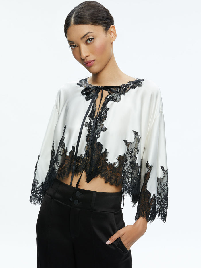 LOREE LACE TIE FRONT CROPPED JACKET - OFF WHITE/BLACK