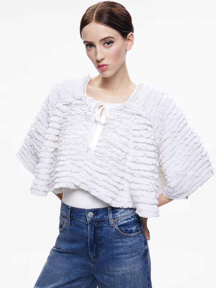 LOREE RUFFLE TIE FRONT CROPPED JACKET - WHITE