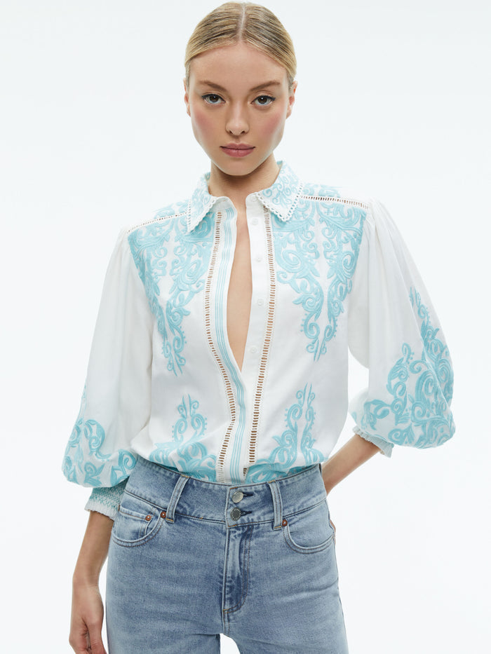 LORYN EMBROIDERED BUTTON DOWN BLOUSE - OFF WHITE/SPRING SKY