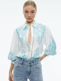 LORYN EMBROIDERED BUTTON DOWN BLOUSE - OFF WHITE/SPRING SKY