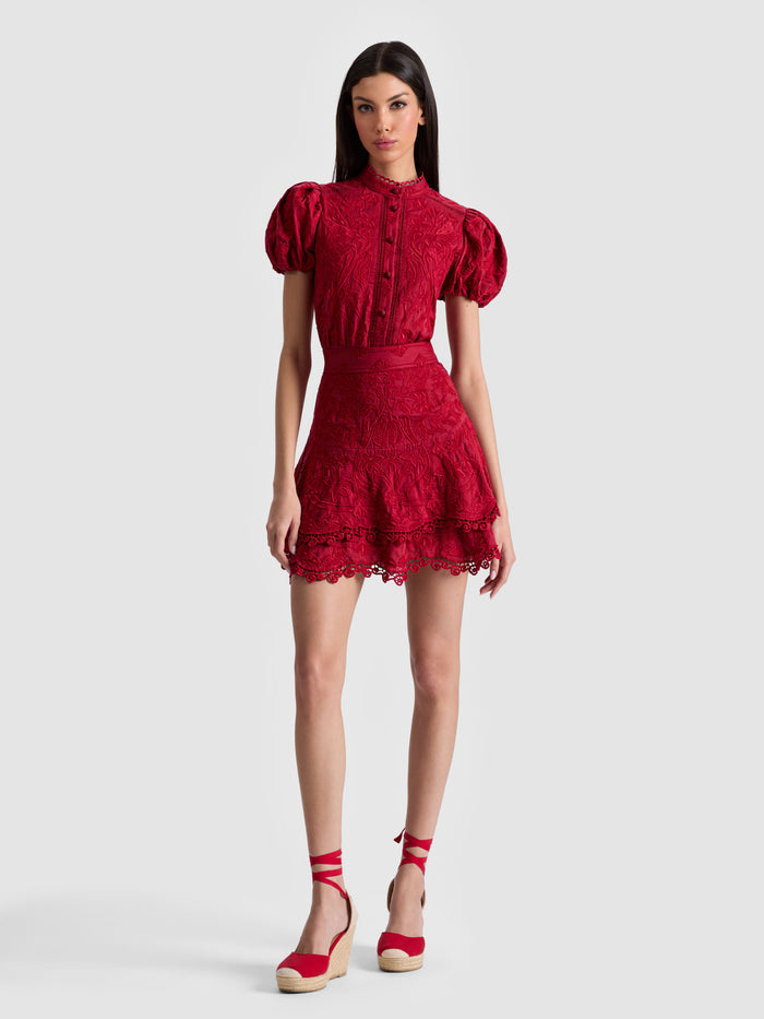 LORYN EMBROIDERED SHIRT DRESS - DARK CHERRY