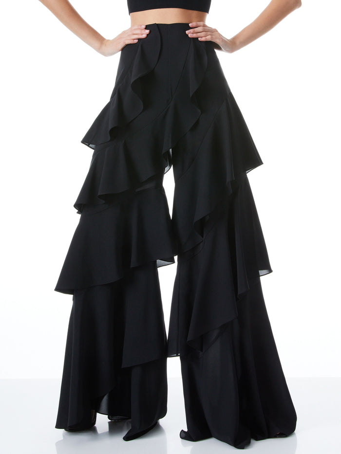 LOTUS WIDE LEG RUFFLE PANT - BLACK