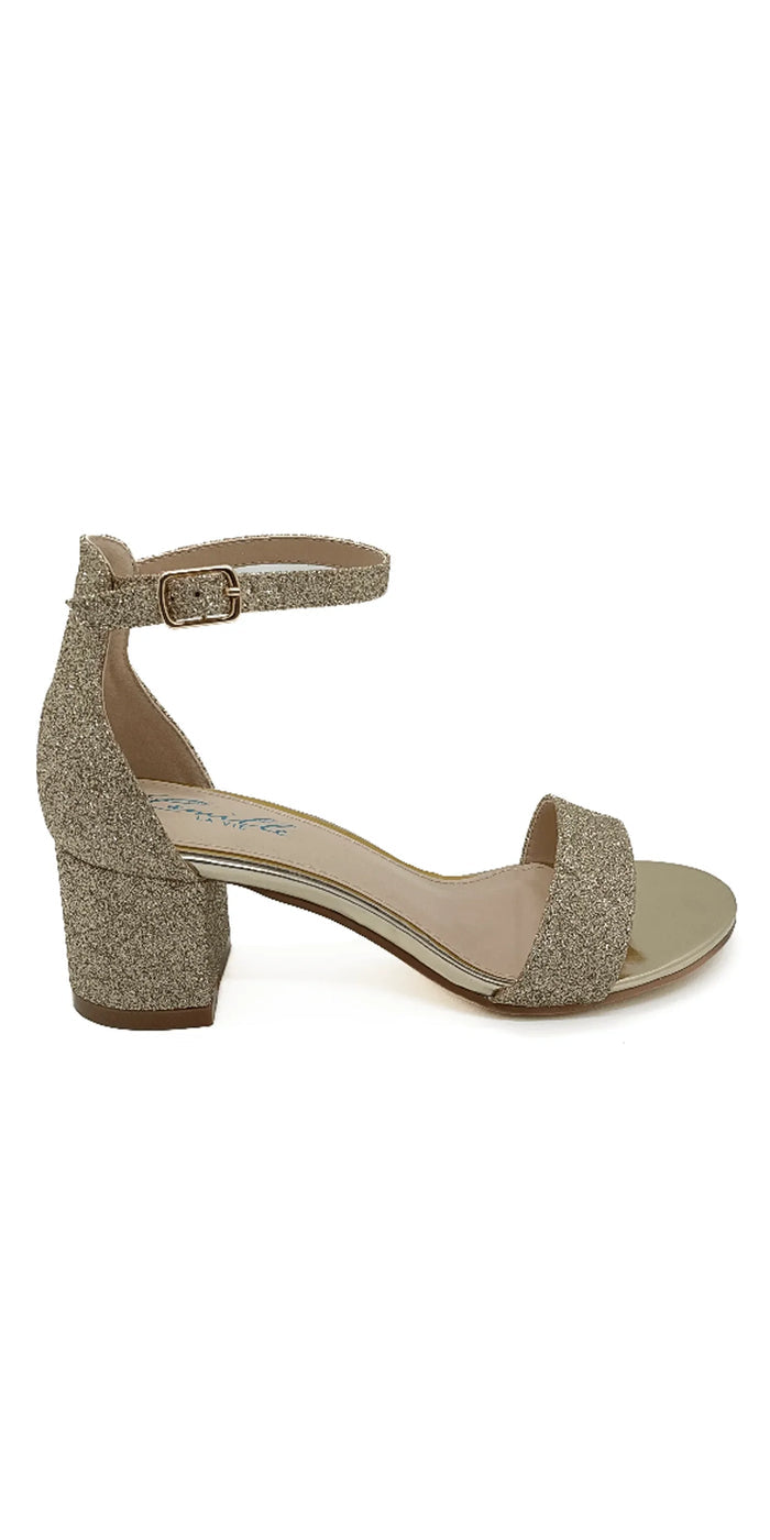 gold/size/6/Camille La Vie/Low Heel Glitter Ankle Strap Sandal / right side