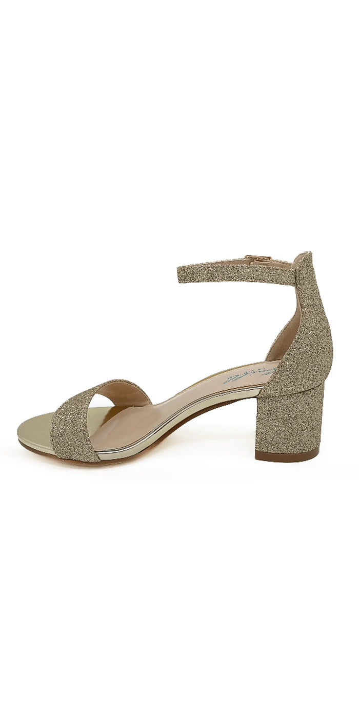 gold/size/6/Camille La Vie/Low Heel Glitter Ankle Strap Sandal / left side